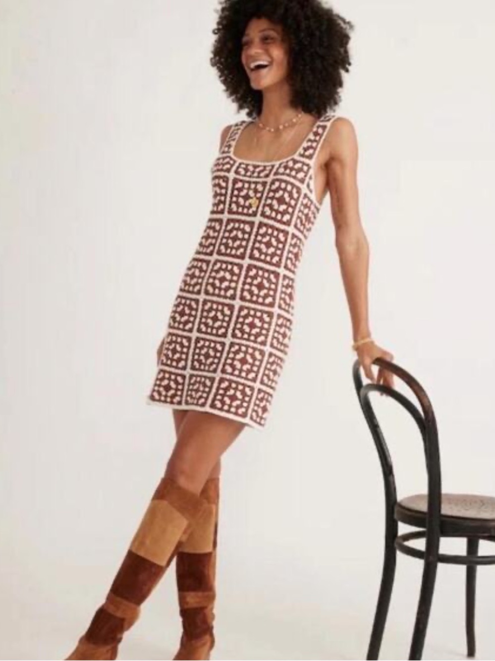 Marine Layer Celeste Crochet Dress Brown & White Granny Squares Size M